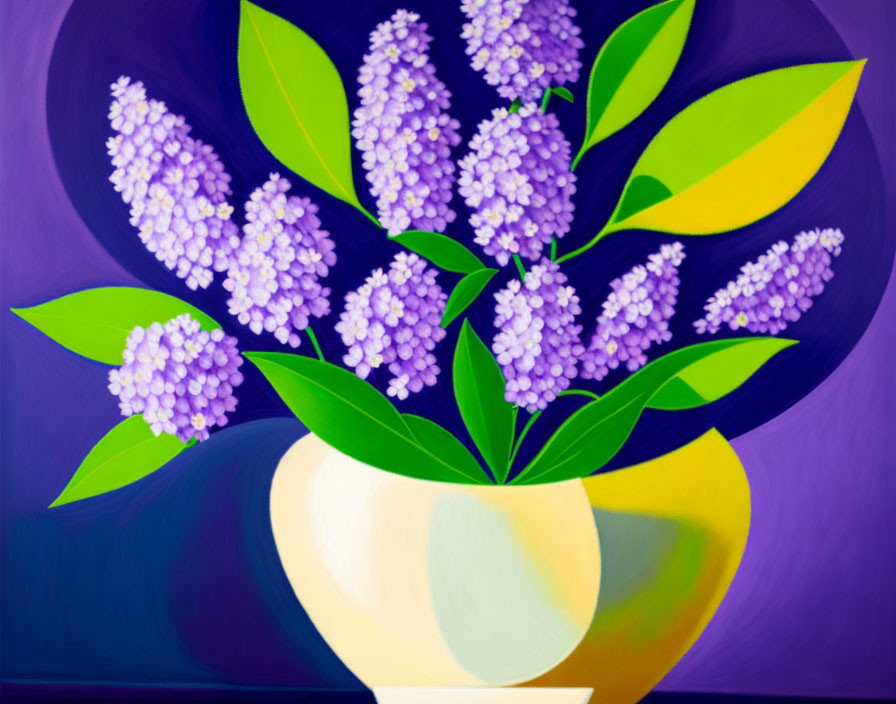 Purple Lilac Flowers in Yellow-Green Vase on Purple and Blue Background