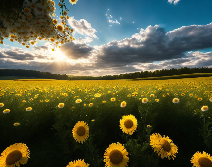 Vibrant sunflower field under dramatic sky