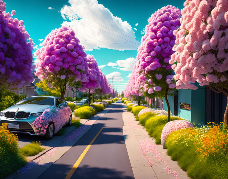 Vibrant street scene with pink flowering trees, parked car, and colorful flowers under blue sky