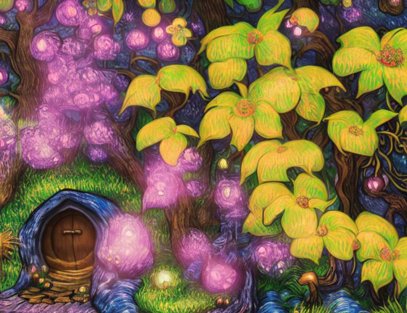 Enchanting forest illustration with glowing orbs and tree door