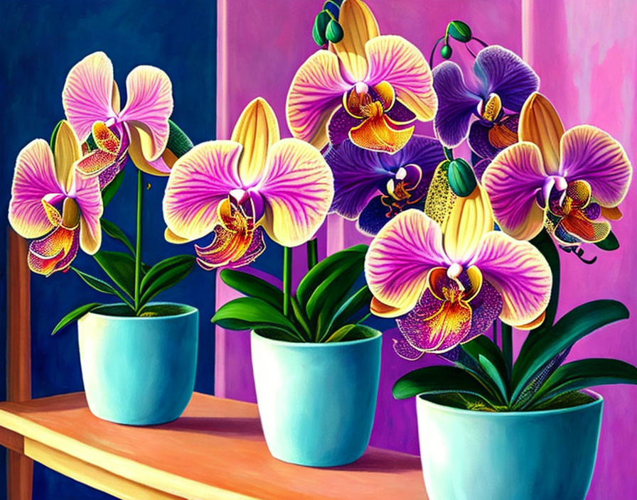 Colorful Orchids in Blue Pots on Dual-Tone Background