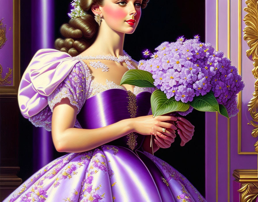 Detailed Woman in Purple Victorian Dress with Hydrangea Bouquet