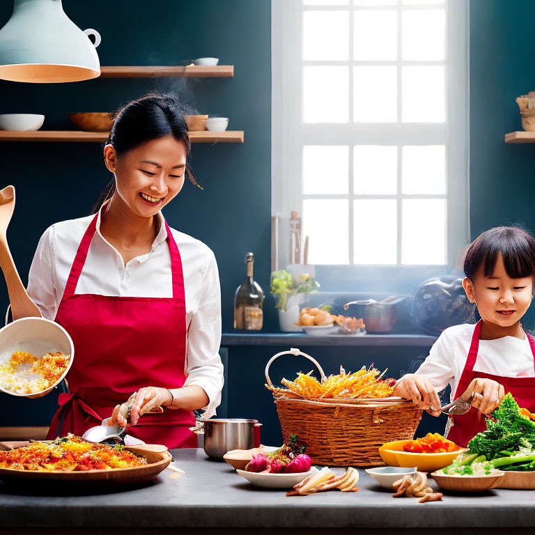 Adult and child cooking together in bright kitchen with fresh vegetables