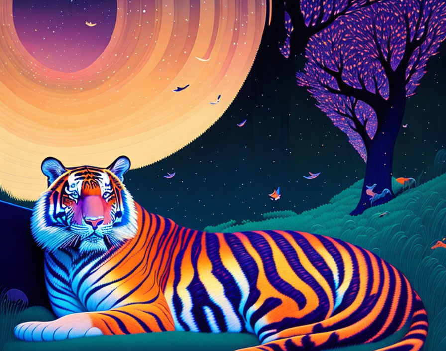 Colorful tiger resting in fantastical night landscape with planet and stars