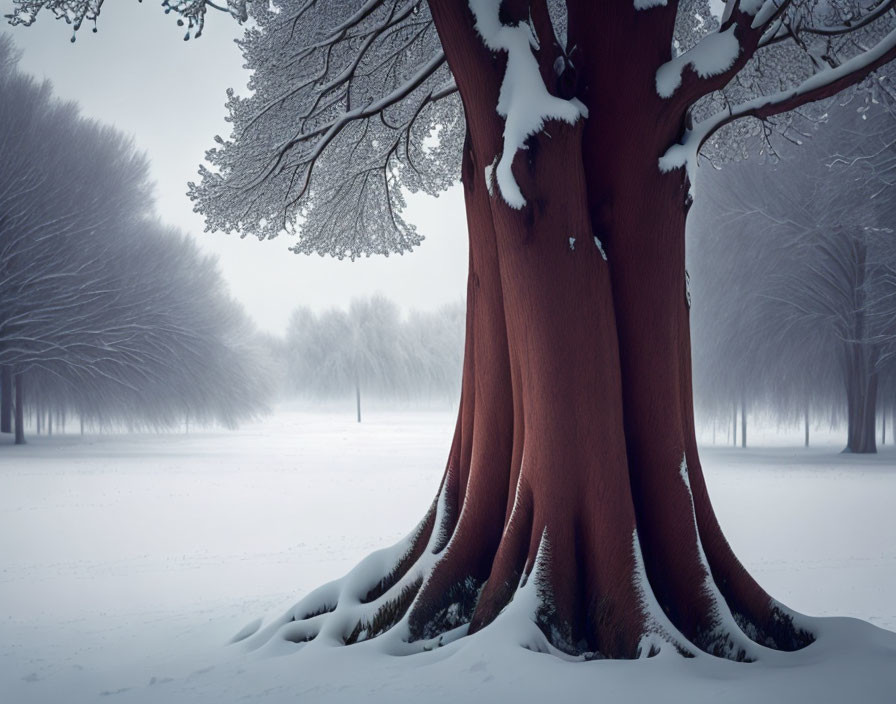 Snow-covered tree in misty winter landscape with rows of trees.