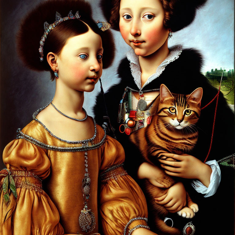 Vintage painting of two girls with a tabby cat in elegant attire, set against a rural backdrop