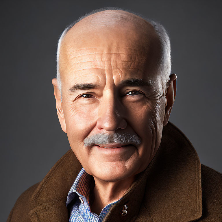 Elderly Bald Man Smiling in Brown Jacket and Blue Shirt