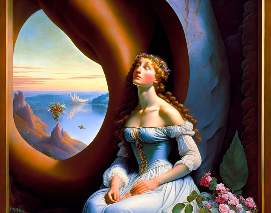 Fantastical painting of woman in blue dress in cave overlooking surreal desert landscape