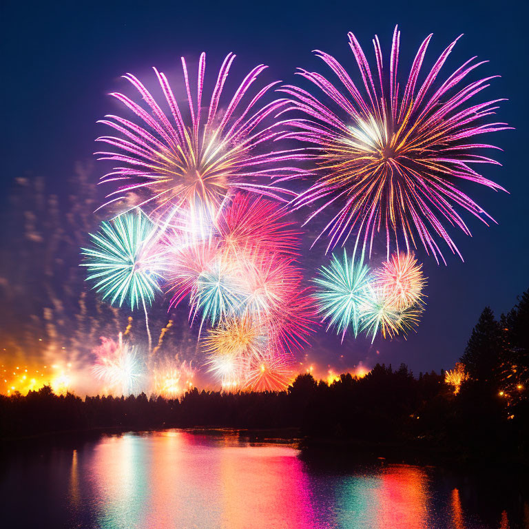 Colorful fireworks display over serene lake at night