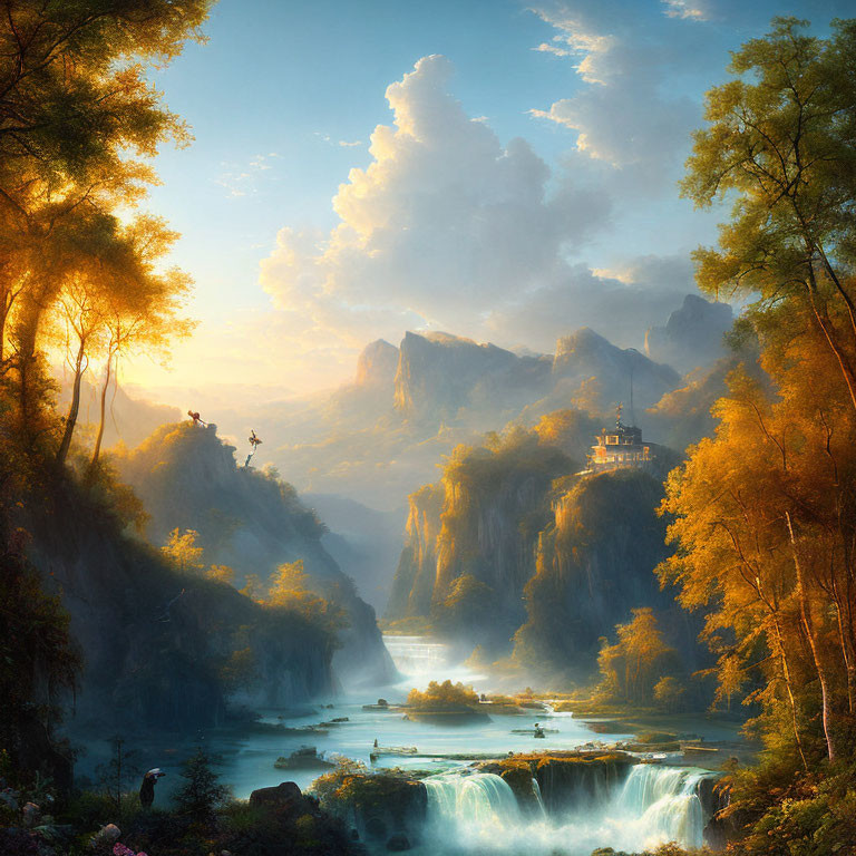 Tranquil landscape with waterfall, river, cliffs, sunlight, and figure