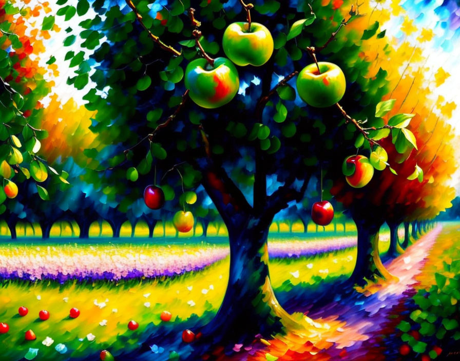 Colorful Apple Tree Painting with Ripe Apples and Flower-Lined Pathway