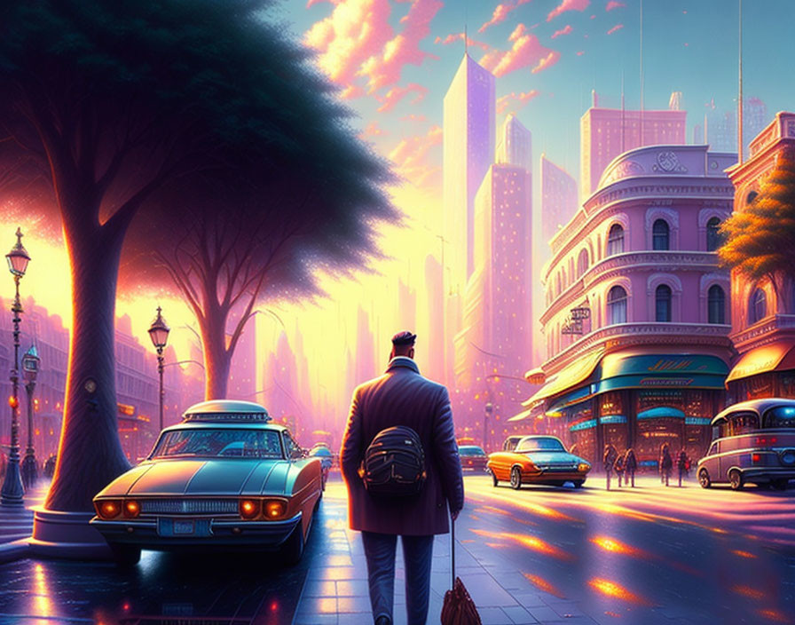 Man with backpack by vintage car in urban street scene with futuristic buildings and dusky sky.