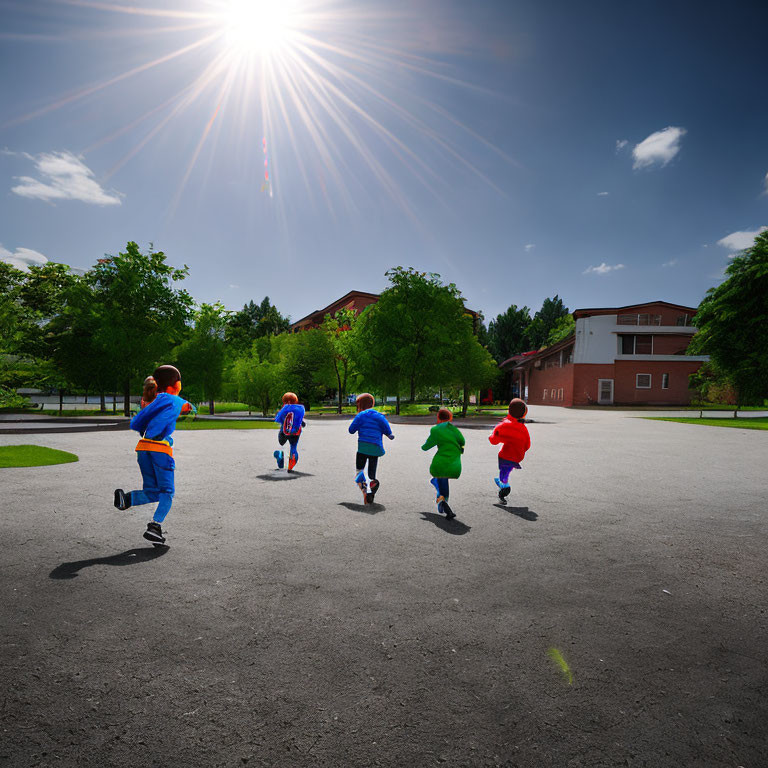 Kids playing outdoors on sunny day near building under clear blue sky.