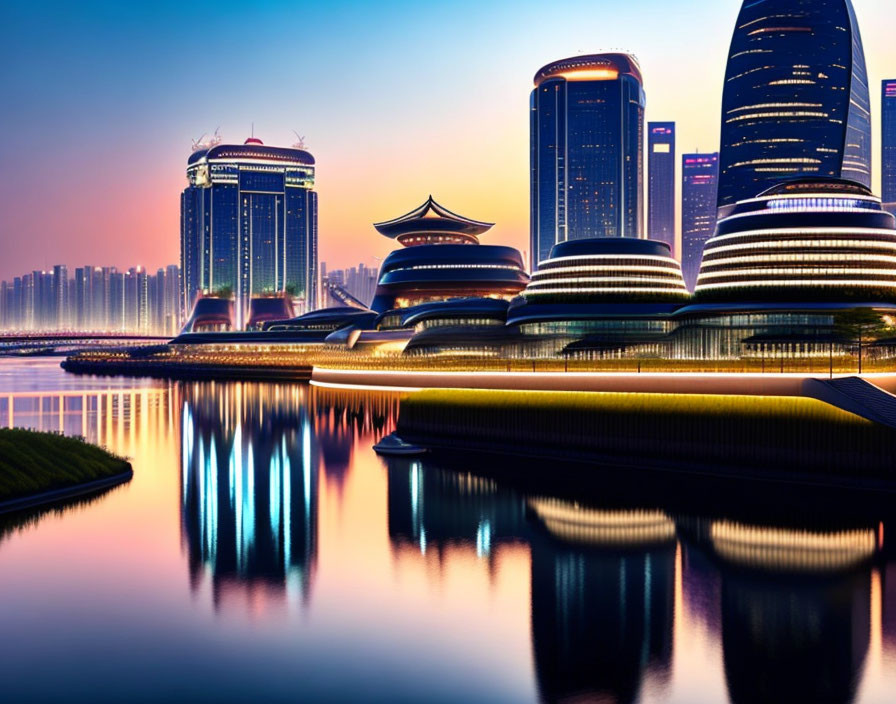 Twilight city skyline with illuminated buildings and traditional pavilion by calm water