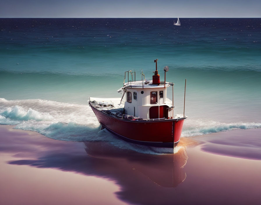 Red and White Boat Approaching Shore with Sailboat in Tranquil Sea