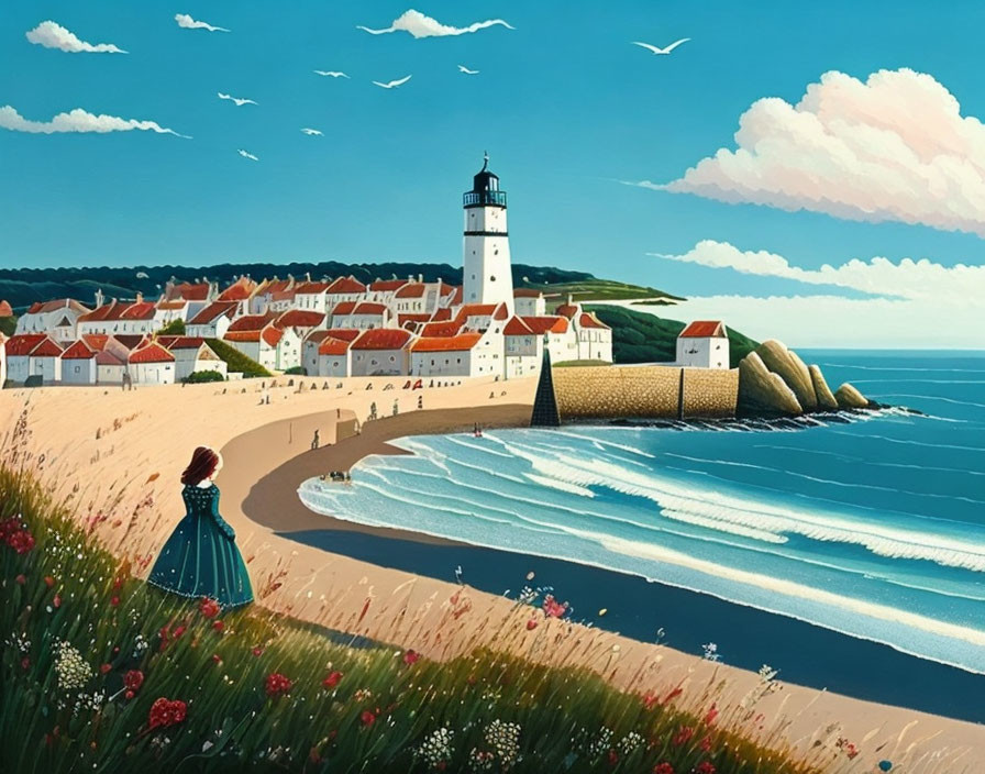 Coastal village painting with lighthouse, beach, woman in blue dress, and birds.