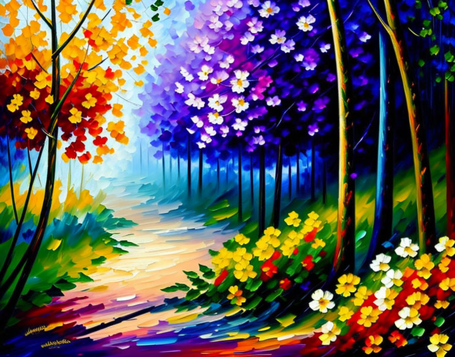 Colorful Forest Painting with Vibrant Hues and Expressive Brush Strokes