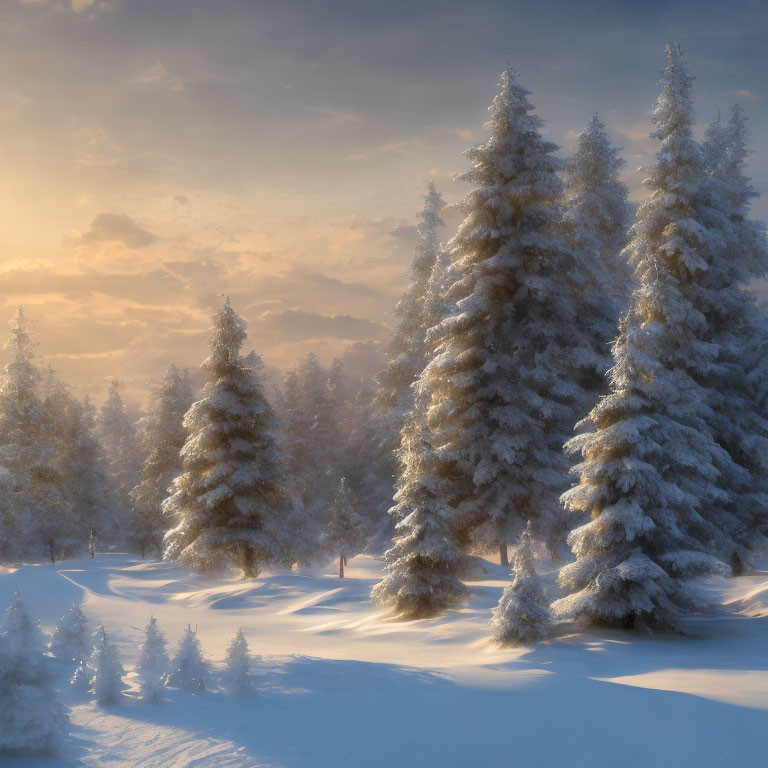 Snowy landscape with frost-covered trees at sunrise or sunset.