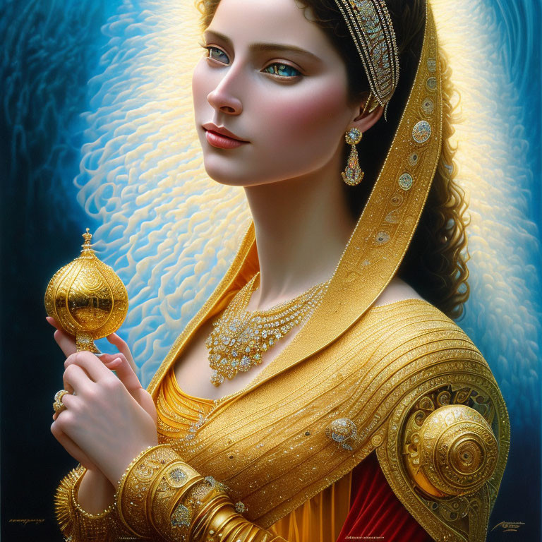 Illustration of woman with blue eyes, dark hair, in golden attire holding spherical ornament