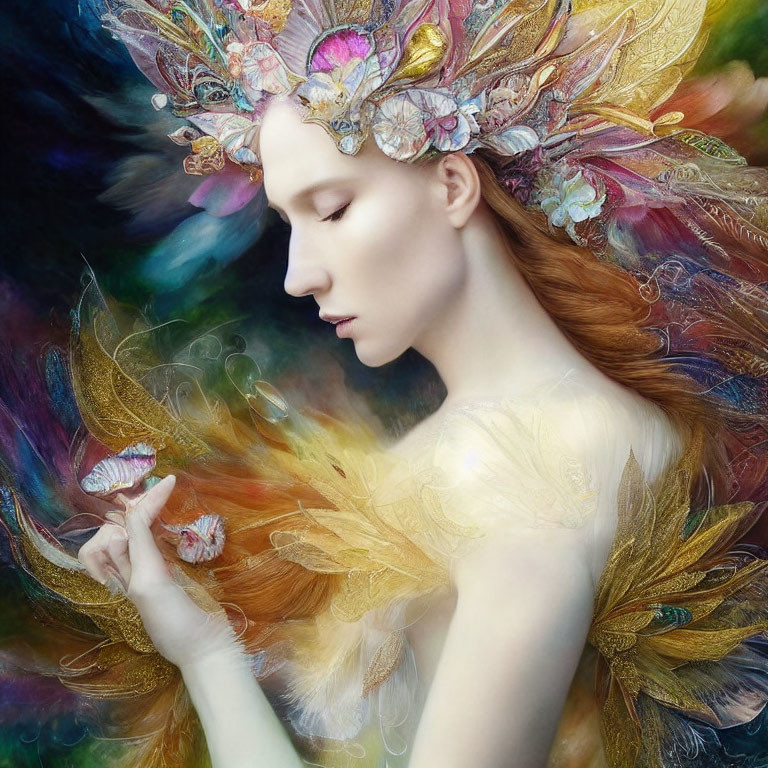 Colorful Woman with Feathered Headdress and Butterfly in Dreamlike Scene