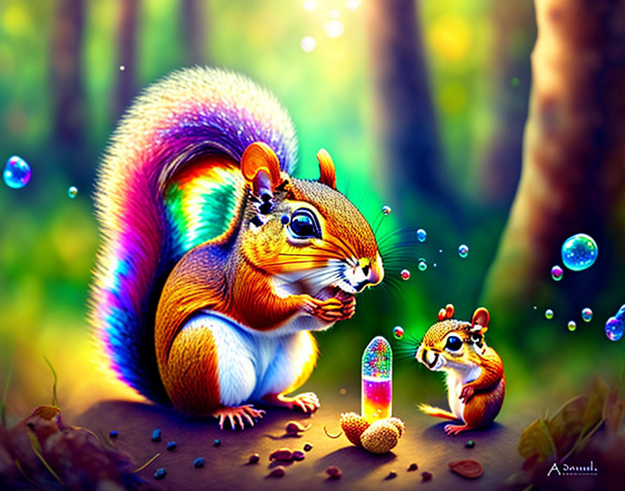 Colorful squirrel illustration in whimsical forest with rainbow tail & bubbles