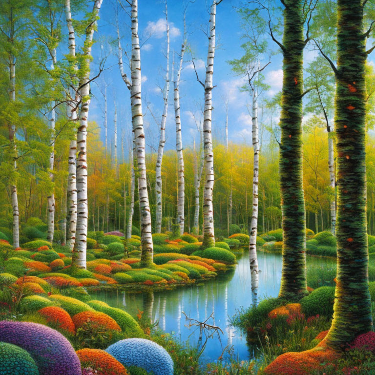 Colorful Birch Tree Forest with Multicolored Bushes by Calm Blue Stream