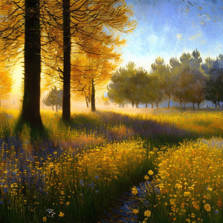 Vibrant Impressionist Sunrise Painting with Trees and Wildflowers