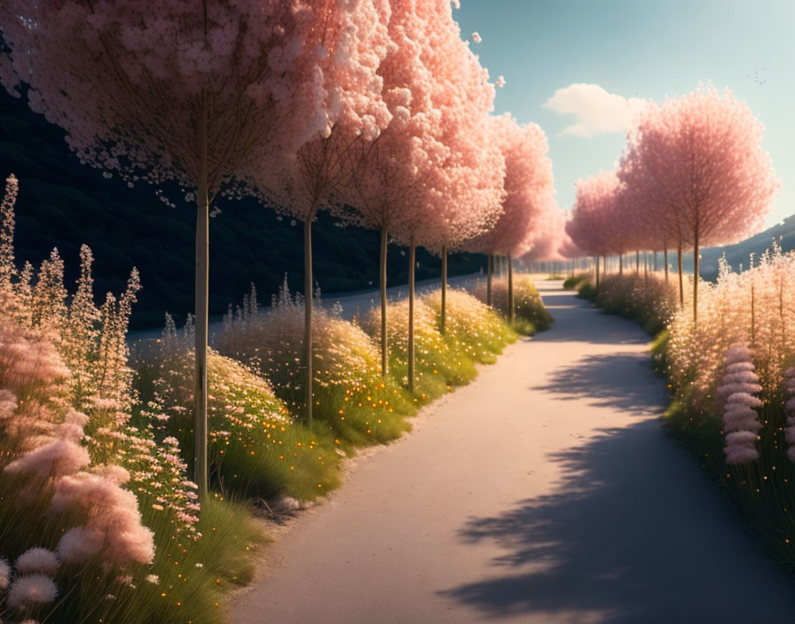 Serene sky over winding pathway with glowing grass and pink trees