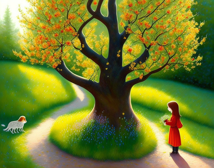 Girl in Red Dress with Bird Admiring Vibrant Tree