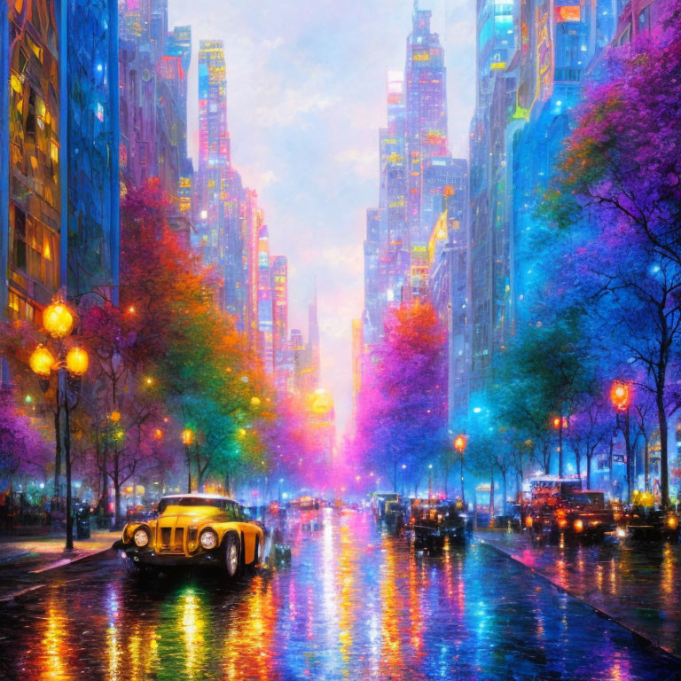 Colorful digital art: Rainy city street at dusk with vintage cars, illuminated buildings, and colorful