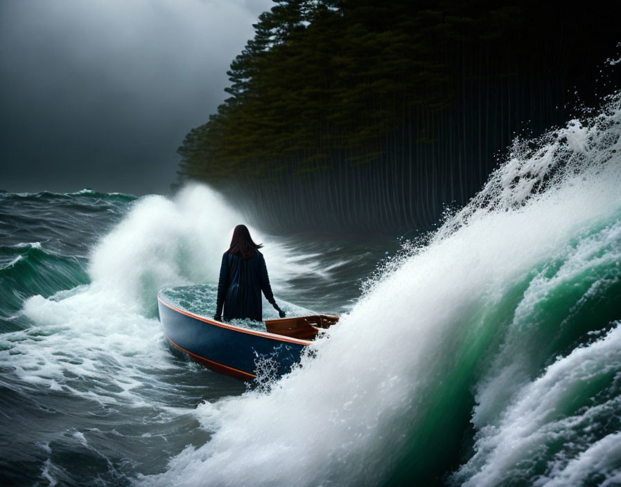 Person in cloak stands in boat amid towering waves and stormy sky near dark forested coastline