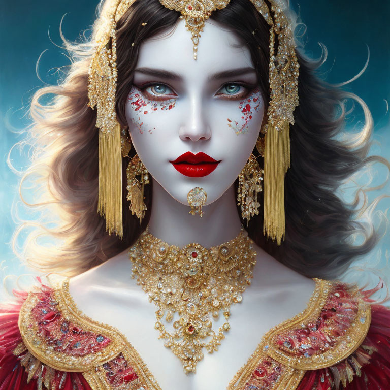 Woman with Gold Jewelry, Blue Eyes, Red Lips, and Face Markings on Blue Background