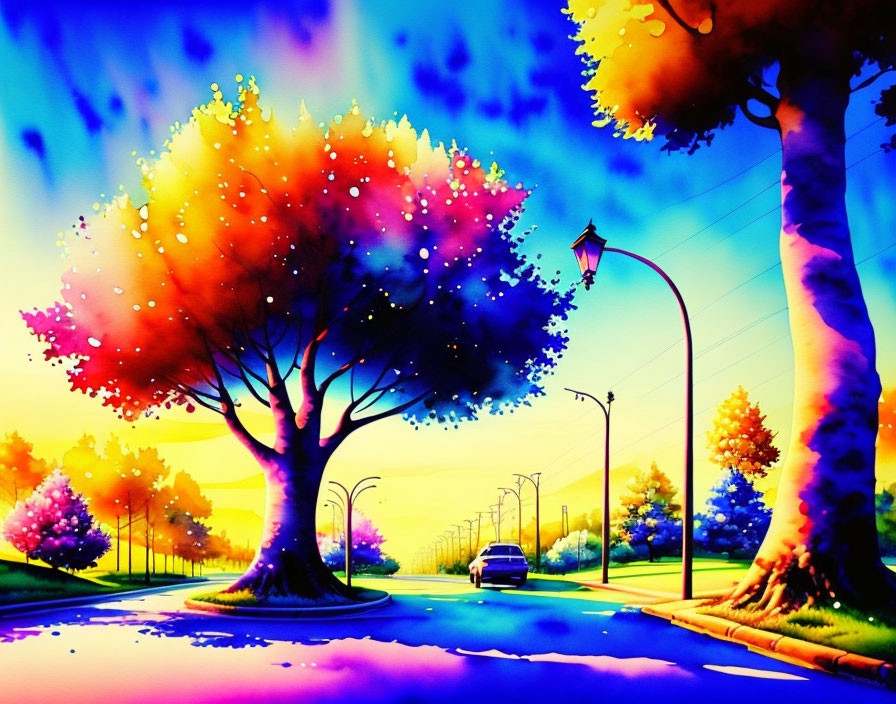 Colorful Sunset Street Painting with Trees, Lamppost, and Car