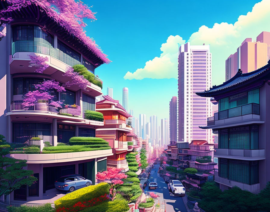 Illustration of modern skyscrapers mixed with Asian architecture and blooming purple trees