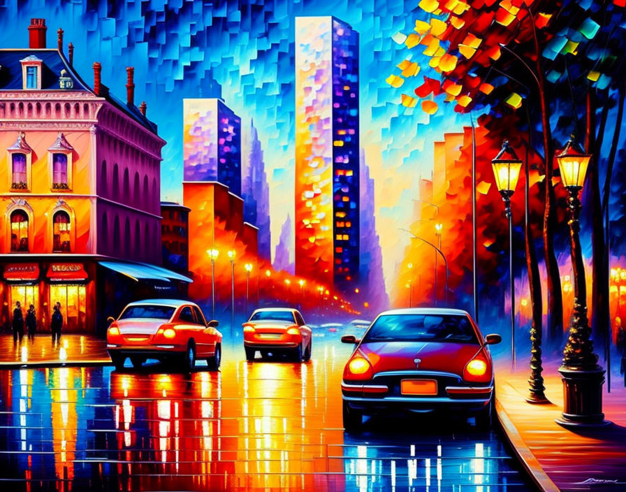 Colorful cityscape at dusk with glowing skyscrapers and wet streets.