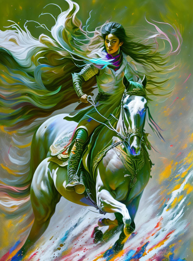 Warrior woman on galloping white horse with flowing hair and cloak