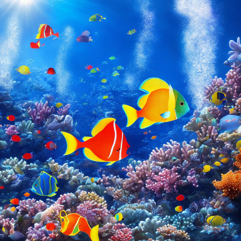 Vibrant Tropical Fish and Coral Reef Under Sunlight