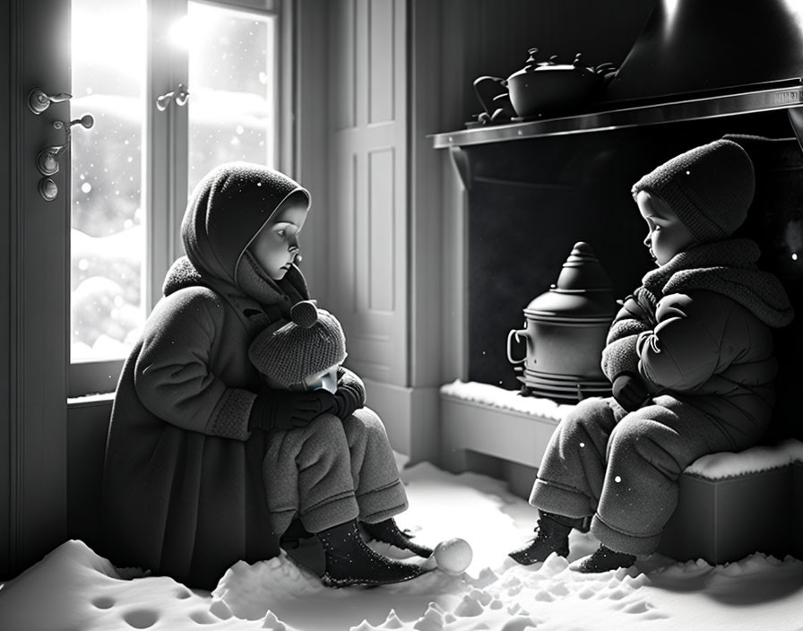 Children in winter clothing by snowy window and wood stove