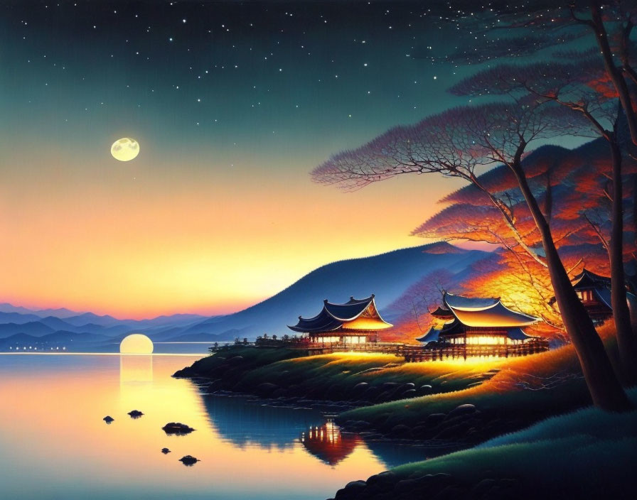 Traditional Asian buildings by lakeside in starry night with full moon