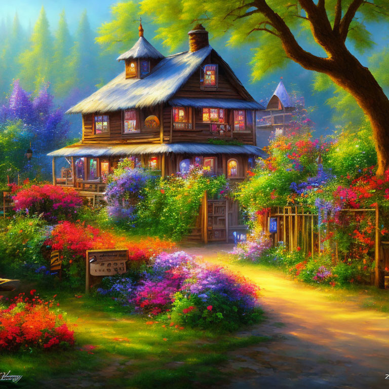 Vibrant painting of wooden house in lush garden under warm sunlight