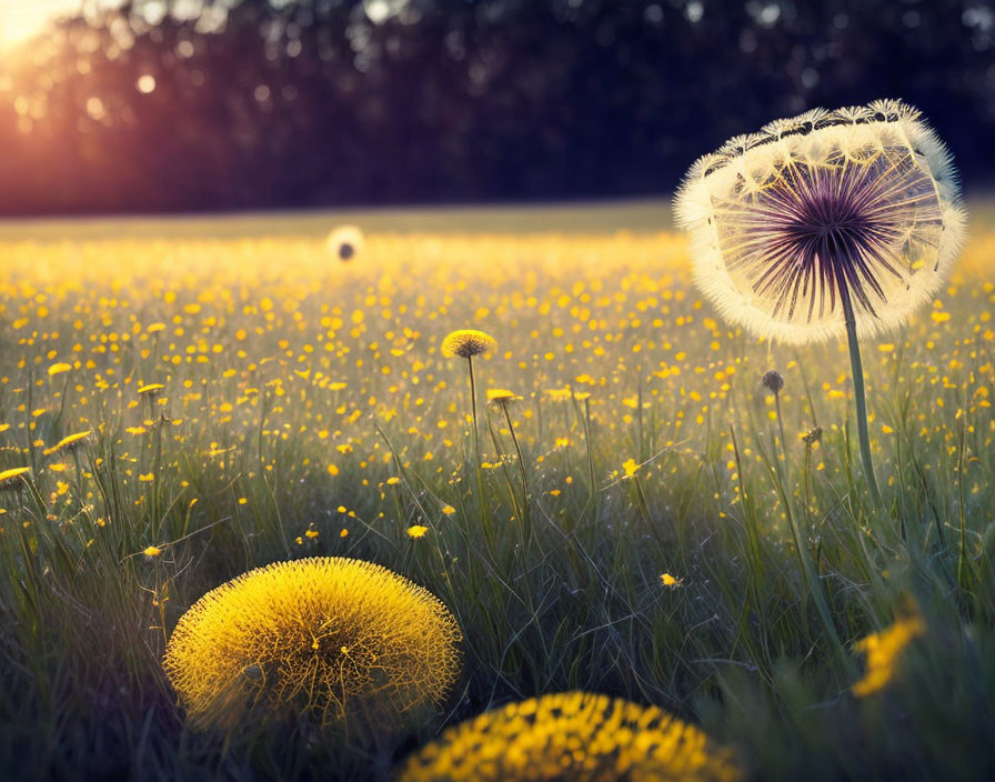 Field of dandelions in warm sunlight with close-up seed head.