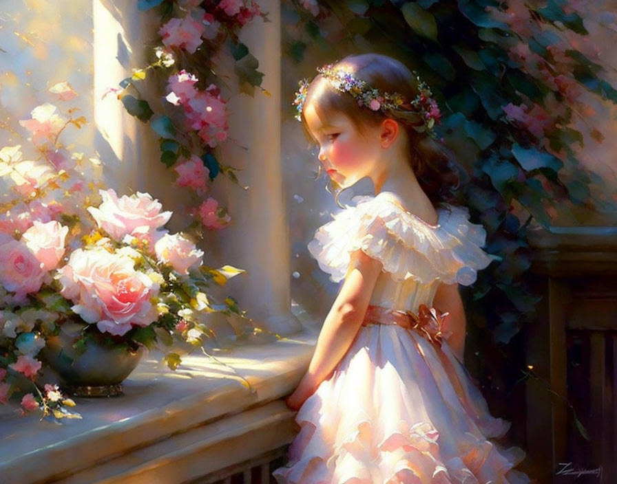 Young girl in white dress by windowsill with blooming roses.