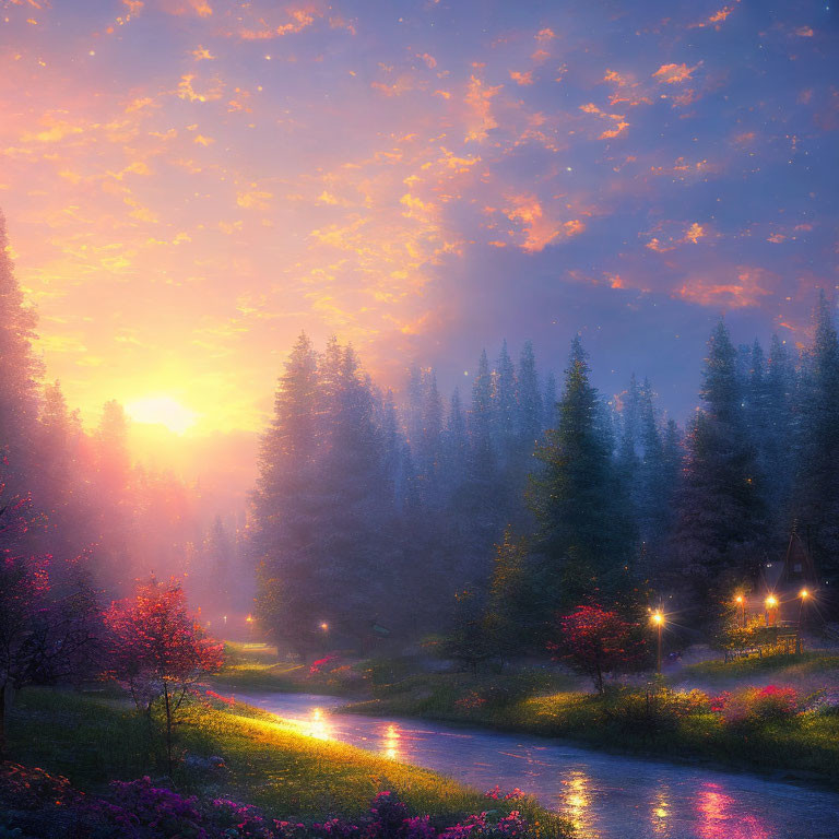 Tranquil sunrise landscape with river, lampposts, misty trees, and cloudy sky