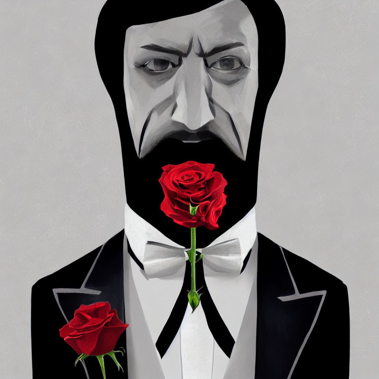 Man in tuxedo holding red rose with rose in mouth illustration