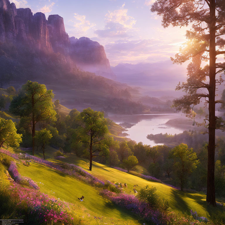 Tranquil sunrise over lake, hills, and cliffs in serene landscape