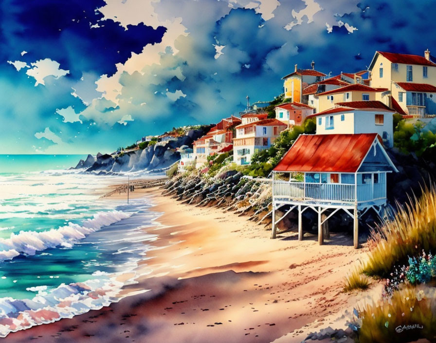 Serene coastal village watercolor painting with colorful houses and crashing waves