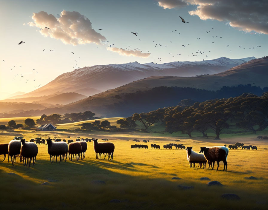 Sheep grazing in sunlit field with mountains and birds