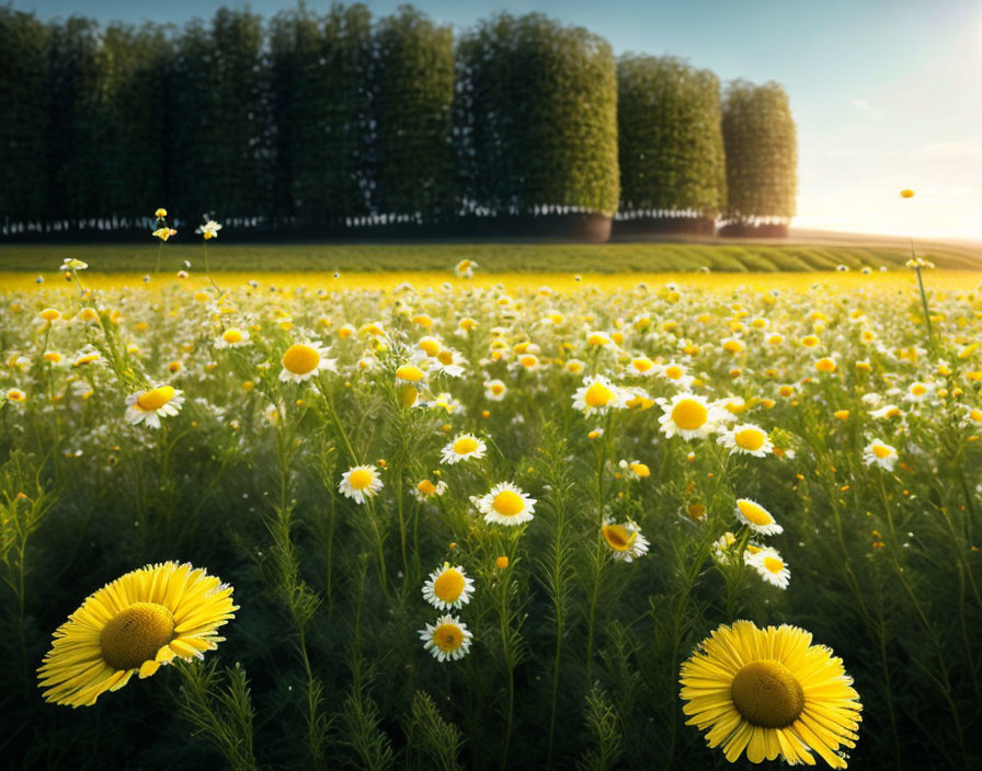 Tranquil sunset over blooming daisies and tall trees