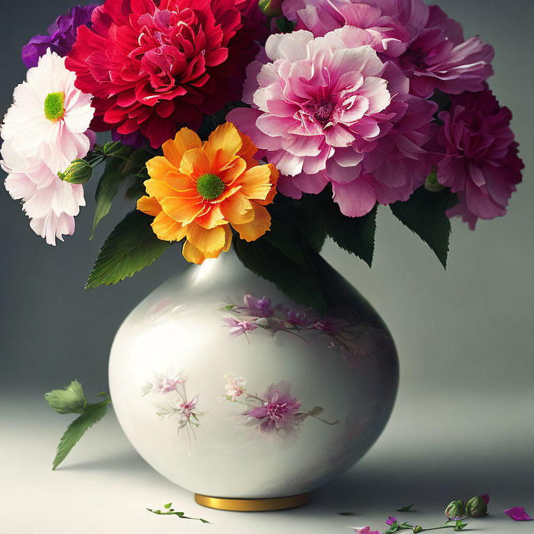 Colorful Peony Bouquet in White Vase on Grey Background