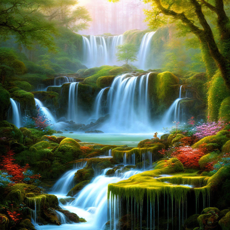 Tranquil multi-tiered waterfall in lush greenery with vibrant flowers